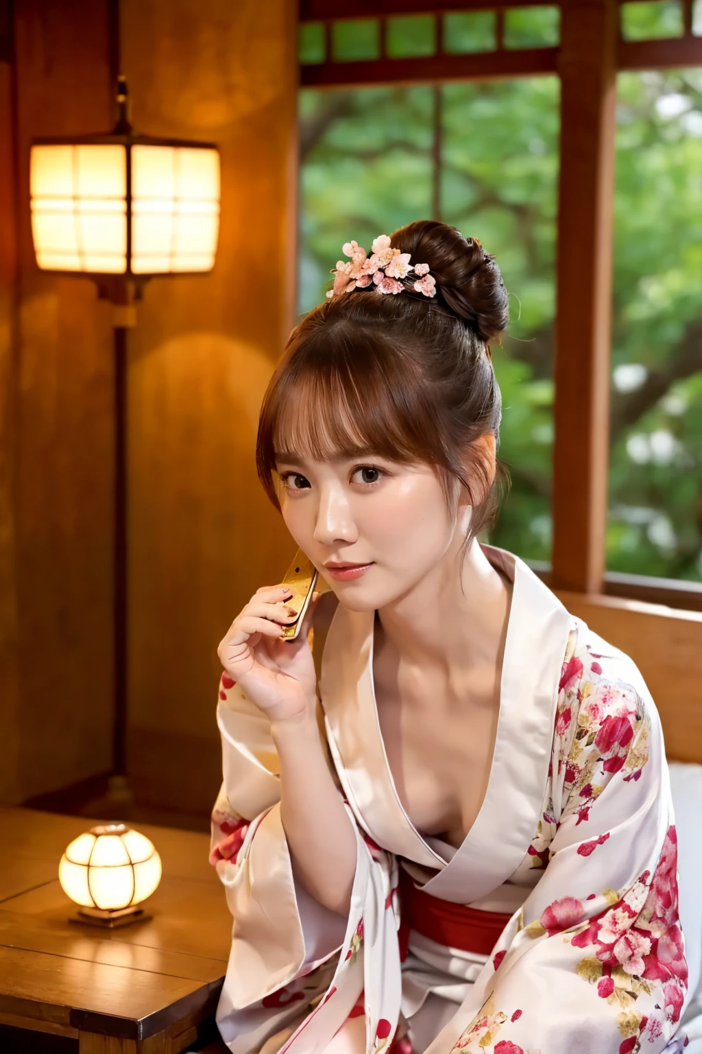 (最 High Quality 、 table top in bed、8k、 highest image quality taken by Ki、 Award-winning works )、(一人の beautiful女性:1.1)、(Innkeeper:1.1)、(Elegant floral kimono:1.2)、(A kimono with a perfect and accurate collar:1.2)、 Perfect Female Full Body Portrait Photography、 Glowing Skin、(((Relaxed collar、)))、( blurry, elegant, sophisticated, perfect Japanese style room background:1.3)、(The most natural and perfect clean Japanese style room background:1.2)、Glowing White Skin、 very white skin 、(24 years old:1.3)、(最も優雅なslouch姿勢:1.4)、( small breasts:1.2)、完璧な beautiful光沢のある唇、、( beautiful,  High Quality , Large kimono obi:1.2)、(Long kimono:1.2)、(完璧で自然な beautiful着物:1.2)、(Hair Bun:1.1)、( face making a call close-up:1.3),slouch,nsfw,Open-chested kimono,