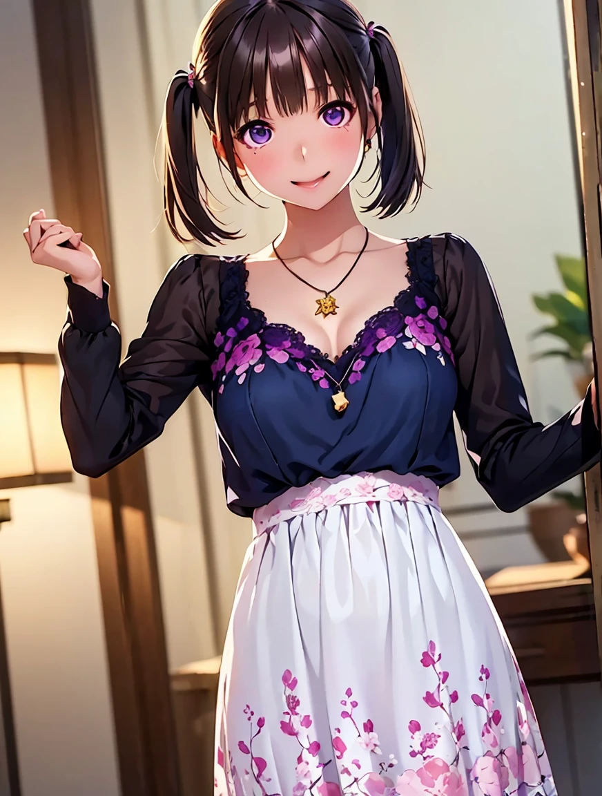  high definition  ,In 8K, best quality , Details, semi-realistic anime , D Anime Style , Smooth Anime CG , one girl, 19-year-old Japanese woman, slim,modeling,(( smaller breasts)),((Twirled Eyes)), pink lips, Shiny brown hair, Detailsな顔,Beautiful and  Details,((beautiful floral lace chiffon dress)),(( Long Sleeve )),((Amber Sparkling Pendant )),((Cute village girl )),(( deep blue-purple shining eyes )),((Shut your mouth.)),((Laughter)),((Bright interior)),straggling hair,((( short twin tails))), angelic hairstyle ,( embarrassing),