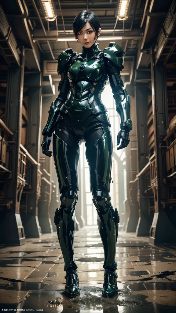  textured skin,  super detailed ,  attention to detail,  High Quality , 最 High Quality ,  High Definition , 1080P,  hard disk ,  beautiful,(Combat equipment), beautifulサイボーグ女性, mecha cyborg girl,BATTLE MODE,Girl with a mechanical body　 black hair　 short haired boyish 　dark green armor 　Soaked Face　 fresh smile 　 steam coming out of her head 　 steam coming out of the whole body 　Full body portrait　 crotch from the bottom