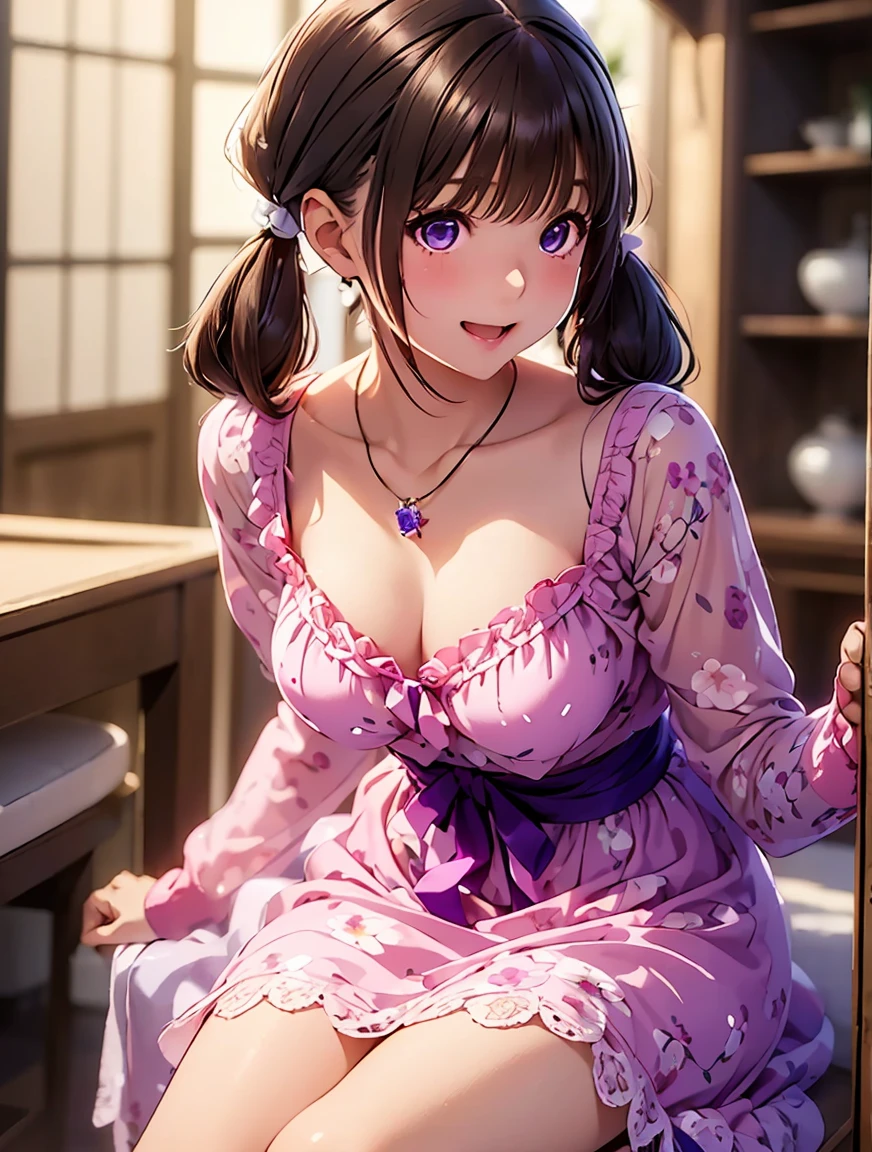  high definition  ,In 8K, best quality , Details, semi-realistic anime , D Anime Style , Smooth Anime CG , one girl, 19-year-old Japanese woman, slim,modeling,(( smaller breasts)),((Twirled Eyes)), pink lips, Shiny brown hair, Detailsな顔,Beautiful and  Details,((beautiful floral lace chiffon dress)),(( Long Sleeve )),((Amber Sparkling Pendant )),((Cute village girl )),(( deep blue-purple shining eyes )),((Shut your mouth.)),((Laughter)),((Bright interior)),straggling hair,((( short twin tails))), angelic hairstyle ,( embarrassing),