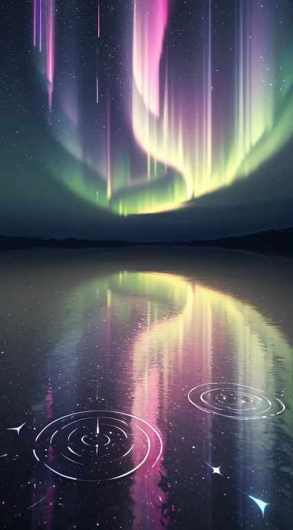 (Extreme Light， Hyomon ，Northern Lights，Conspicuous group of  Auroras， Auroraの滝， Auroraビーチ（ Auroraビーチ）（ Auroraビーチ（ Auroraビーチ））， Auroraの波，The whole sky is filled with the Northern Lights， can change color ， Star Cloud， starry sky ， black hole：1.55）， sparkling white and pink lily of the valley and petals {x} this is a super realistic intricate CG rendering. At night,   the light blue sky ,  The beach is transparent ,  vibrant jade ,  natural warm light effect} The whole Sky is filled with the Northern Lights , heart-shaped bright goose warm stone, 三日moon形の海水, moon,  Starlight , art, Kilo,  starry sky , many small and colorful luminous particles,  ,  charming,  tundra and icebergs , fantasy, dream,  high detail, Beauty, 8k,  natural warm light effect , Aurora,  octane light ,  complicated details,  ultra wide angle panoramic photography .  High Definition .  Volume Light , reflection, reflection光, 誇張されたmoon光のreflection.16K  High Definition  – Chaos 100