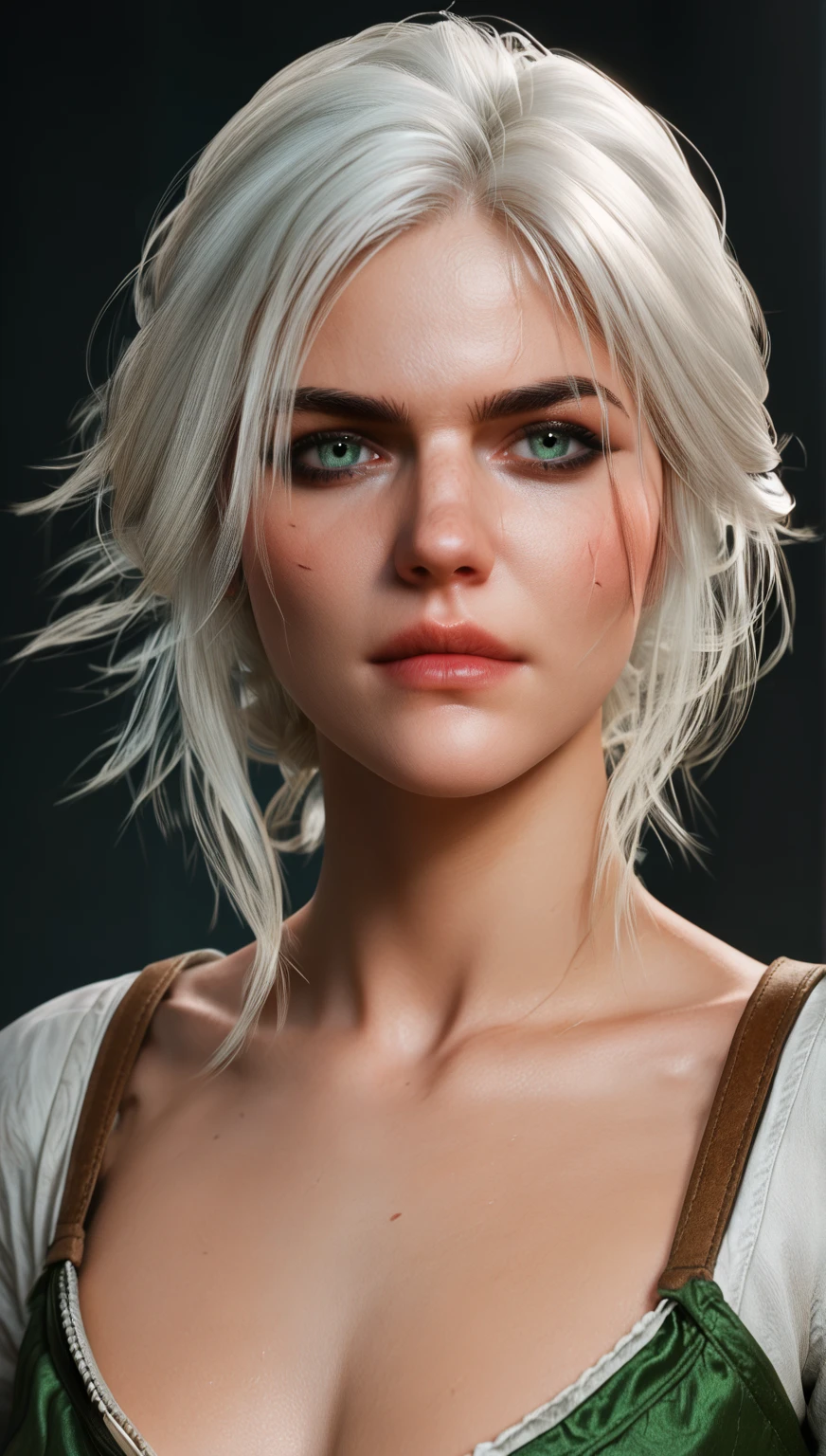 Ciri, white hair, (best quality, Ultra-detailed), (realistic:1.37), beautiful and detailed face, Ultra-realistic texture, Delicate face, long-lasting colors. high definition, 8k. angry expression !!