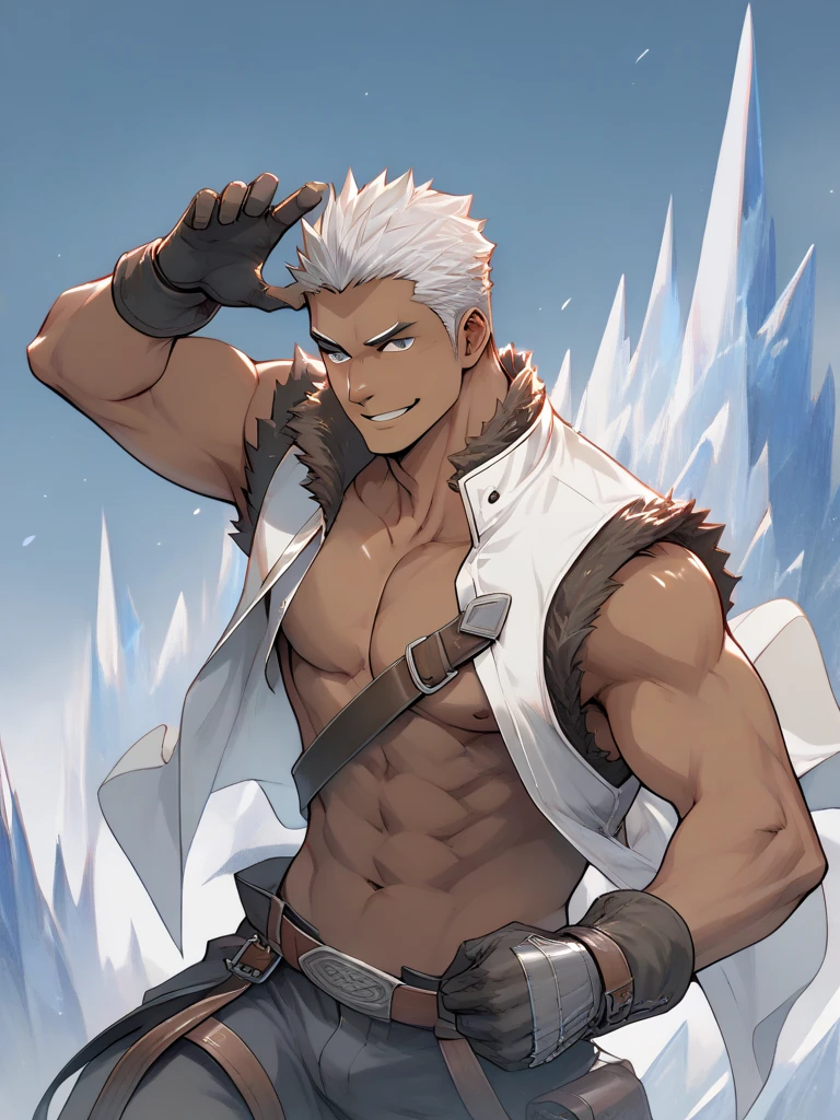 High Quality,Masterpiece,nsfw,gay,detailed body,forehead,((dark brown skin male:1.5)),((difficult:1.5)),(silver hair),((A face similar to a gorilla))、black and gray eyes,iced glove,monk,,low small nose,Dog face,short length white vest,(((under cleavage cut))),Controlling Ice,fur on the collar,short pants,navel,Small upturned nose, abs,dark brown body,breast belt, firm body、Pectoral muscles、Ice World,fantasy,Ice mountains ,glove,open pants,Impressive,smile,fighting,armpit,one breast out,erect nipple