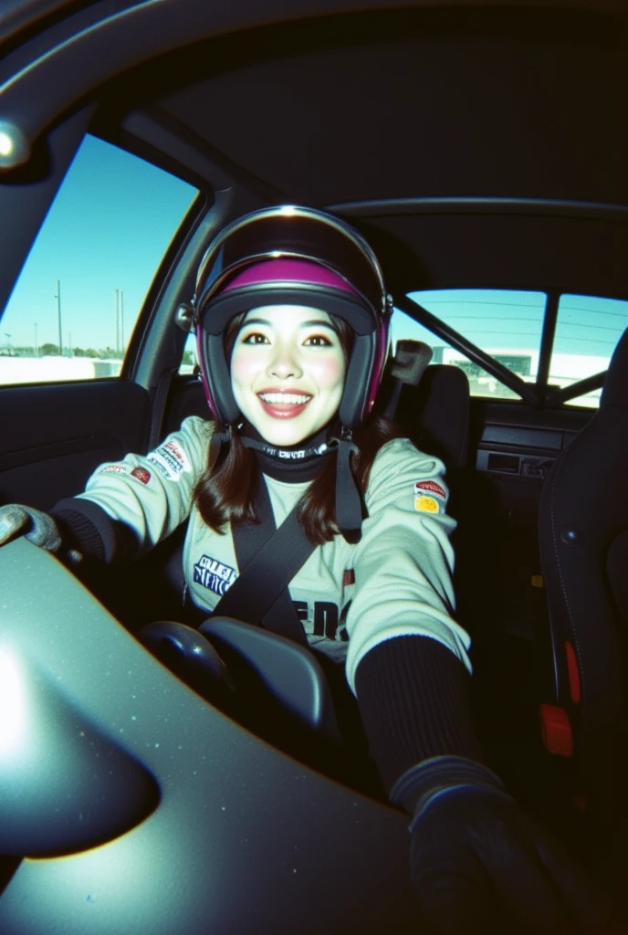  Close-up image .  a Taiwanese woman in a racing helmet and racing jacket .  driving a car  "Nissan GT-R R35 "   was inside her car and was seen driving the car turning right.  she was wearing a racing jacket and racing helmet .  Wearing sparco gloves racing gloves .  Background inside a race car .  Time in daylight . Exaggerated delighted expression . CCTV footage .  Low light.