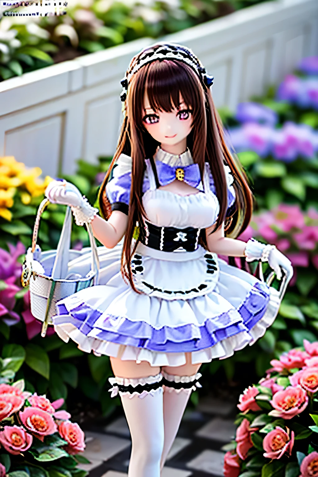 (SFW:2), photorealistic, realistic photo, 8k, Canon EOS, ((highest quality)), ((masterpiece)), (extremely detailed), dd, doll, idol dress, plastic skin, (squinted eyes:1.4), (mature woman, 21yo, 21 years old, solo, garden, flower:1.6), (from side, walking,  holding a bucket, slim, skinny, slender, brown hair, long hair, maid headpiece, bow, black maid costume, white thigh highs, light smile, half opened mouth, purple brown eyes, glass eyes, shining eyes, looking at viewer, detailed face:1.3)