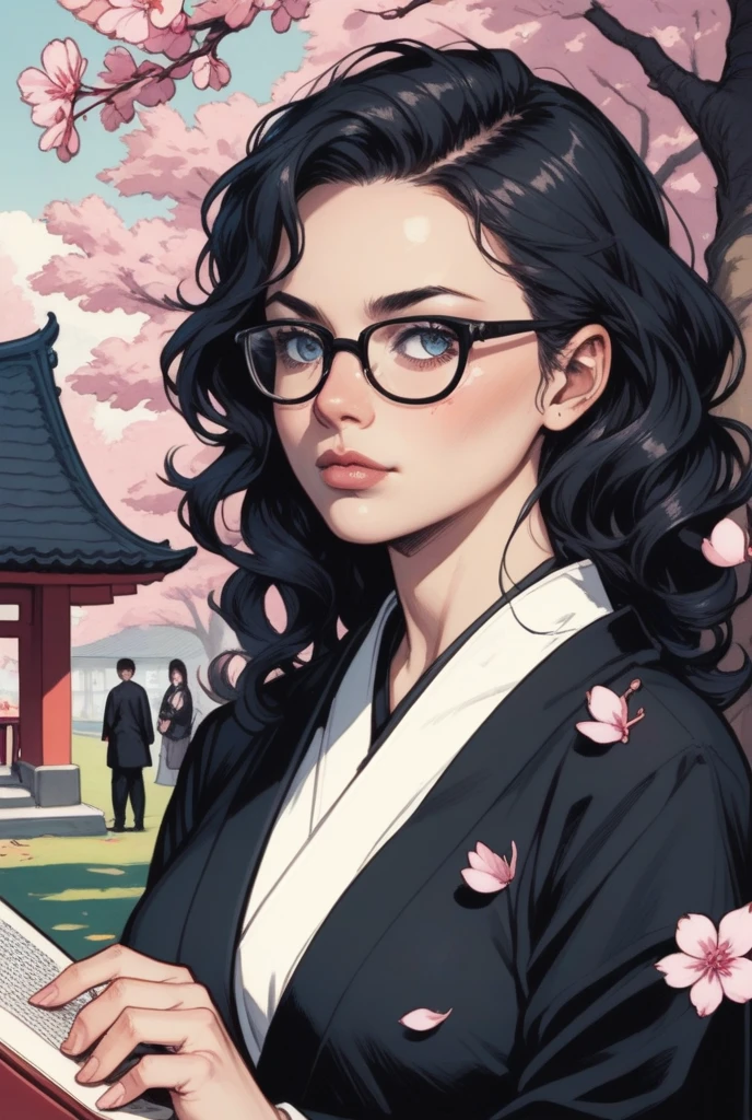 A Japanese woman with wavy black hair borA Japanese woman with wavy black hair and a Japanese man with straight black hair born from among the cherry blossoms. The woman is wearing a black kimono and glasses. The man is wearing a black suit and glasses. American comic style.n from cherry blossom petals. She is wearing a black kimono and glasses. American comic book style. Dark picture