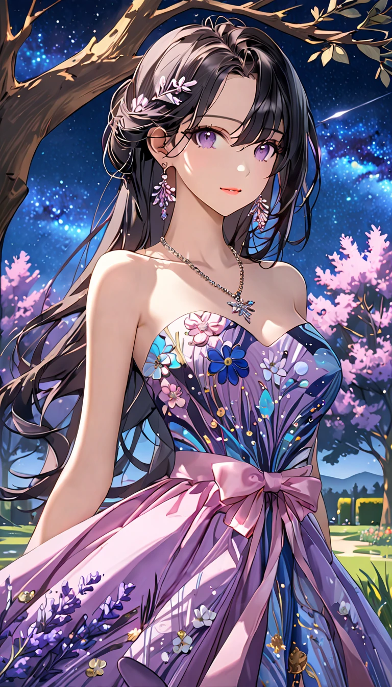 (( top quality)),(Ultra High Resolution ),(  super detailed ),( Detailed explanation ),((  best CG  )),( Best artwork ),  Ultra Precision Art,  Amazing Painting Art ,(  I'm doing a work of art that has been carefully drawn down to the details:1.5),     the full body of an adult female character .    long black hair,  Draw a slight angle  ,   lavender eyes.   name earrings for women ,   necklace,   pink lips.   blue color dress  , Large Tree, garden, lawn, Night Sky,   starry sky  , moonlight, me too  ,   Animated Art  , 