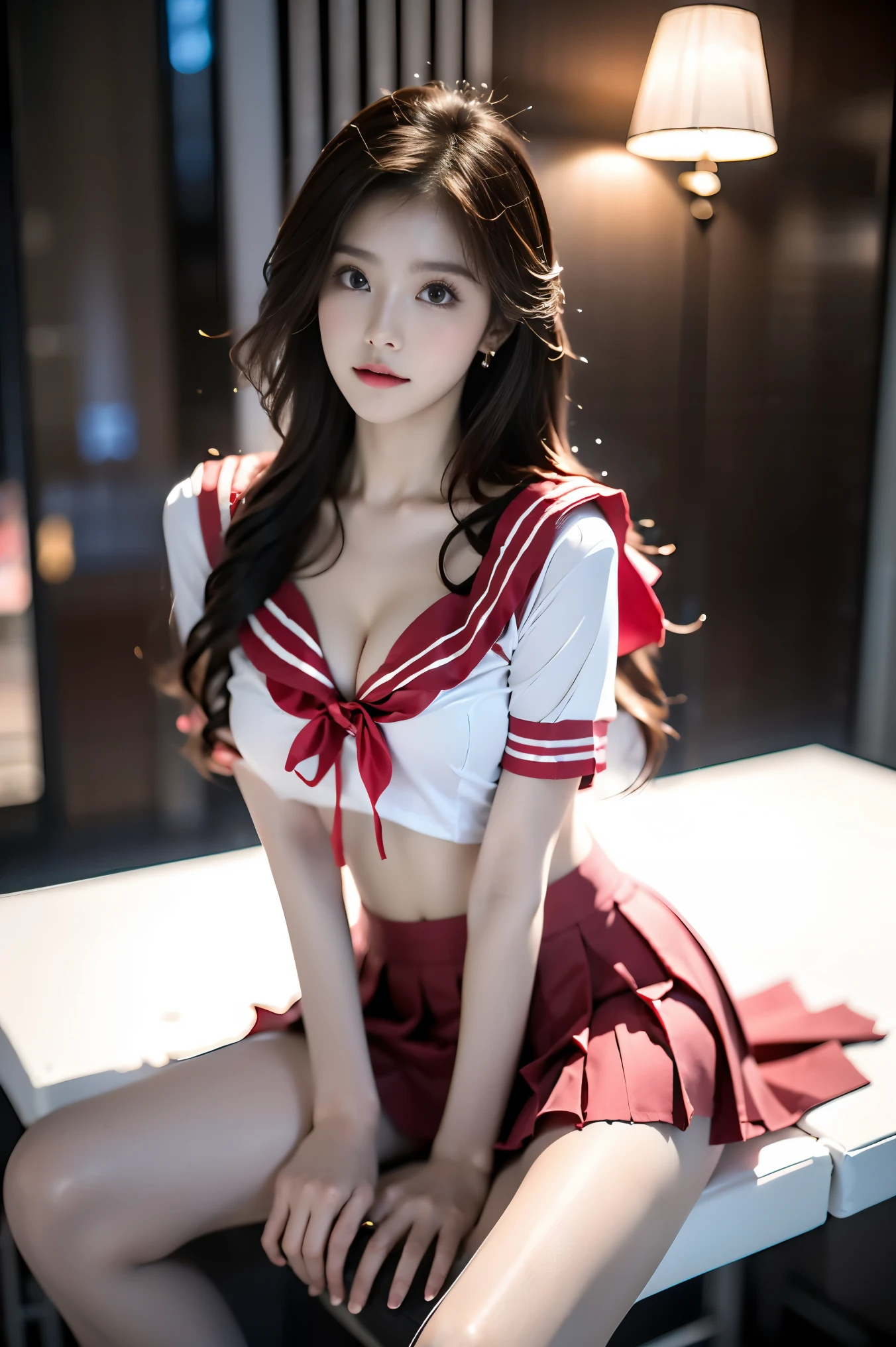 qingquxiaofu,school uniform, serafuku, crop top, pleated skirt,miniskirt,,,, (full body:1.4), (photorealistic:1.2), (ultra detailed:1.3), 1girl, young woman, (Sitting position:1.3), (Full bust, visible cleavage, deep V-neck, very short hemline), fashion model, slim figure, perfect anatomy, (beautiful long legs:1.4), smooth skin, sitting pose, (thigh focus:1.2), elegant posture, professional photography, soft lighting, depth of field, high quality, masterpiece, 8k uhd, natural skin texture, perfect body proportions