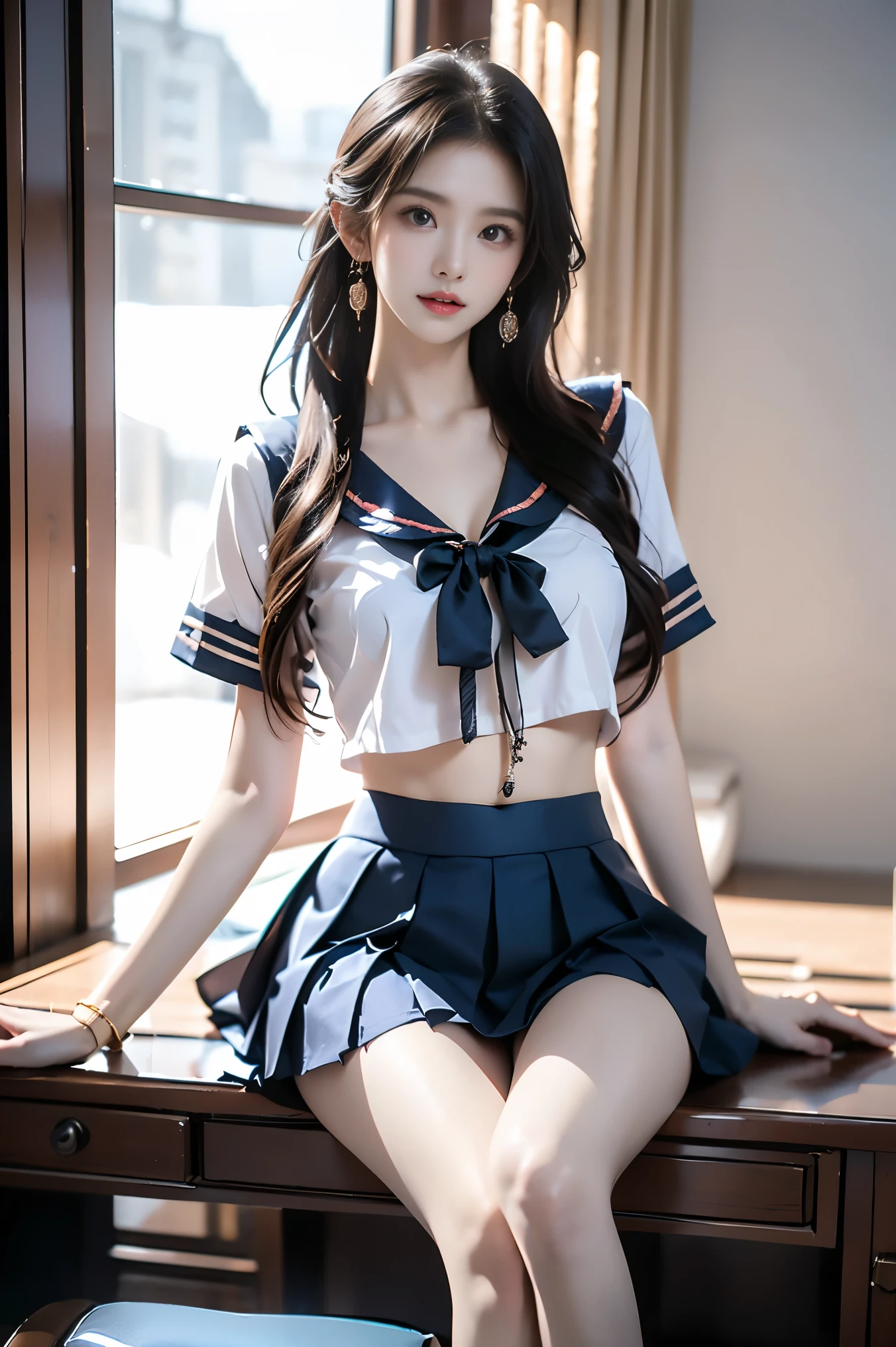 qingquxiaofu,school uniform, serafuku, crop top, pleated skirt,miniskirt,,,, (full body:1.4), (photorealistic:1.2), (ultra detailed:1.3), 1girl, young woman, (Sitting position:1.3), (Full bust, visible cleavage, deep V-neck, very short hemline), fashion model, slim figure, perfect anatomy, (beautiful long legs:1.4), smooth skin, sitting pose, (thigh focus:1.2), elegant posture, professional photography, soft lighting, depth of field, high quality, masterpiece, 8k uhd, natural skin texture, perfect body proportions