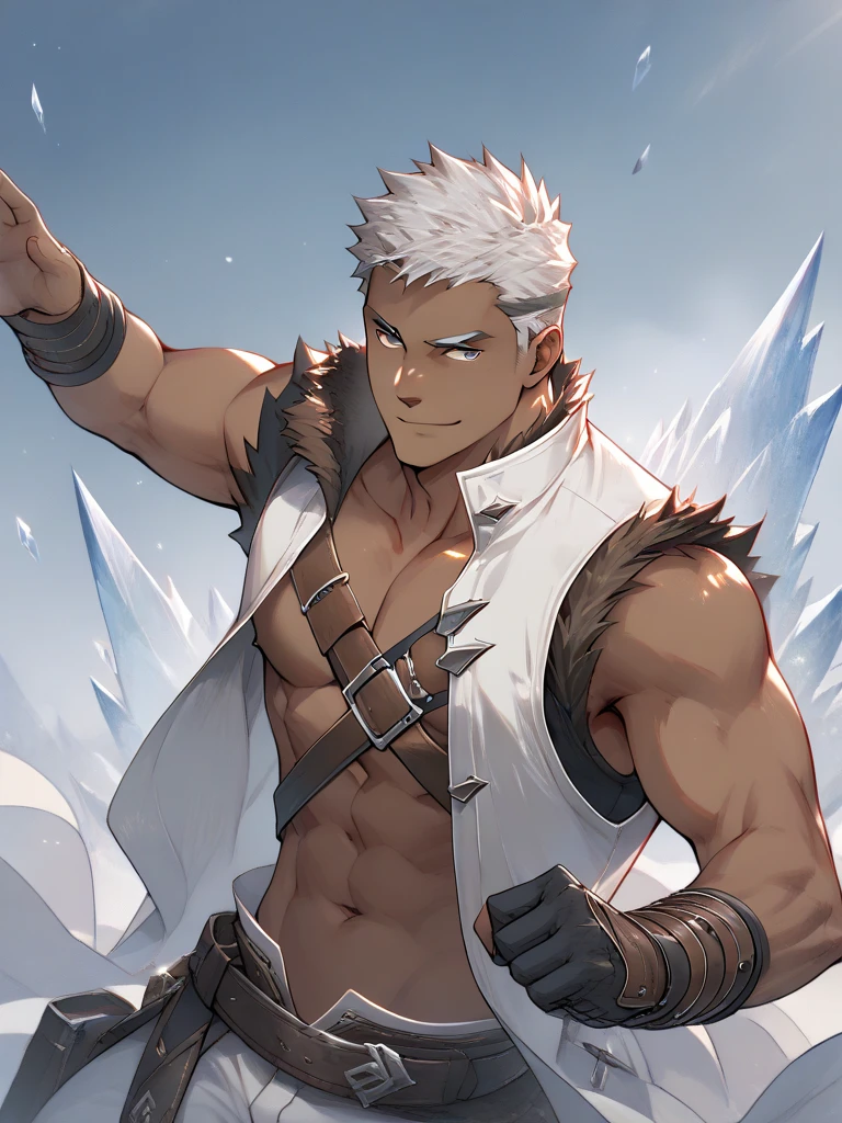 High Quality,Masterpiece,nsfw,gay,detailed body,forehead,((dark brown skin male:1.5)),((difficult:1.5)),(silver hair),((A face similar to a gorilla))、black and gray eyes,iced glove,monk,,low small nose,Dog face,short length white vest,(((under cleavage cut))),Controlling Ice,fur on the collar,short pants,navel,Small upturned nose, abs,dark brown body,breast belt, firm body、Pectoral muscles、Ice World,fantasy,Ice mountains ,glove,open pants,Impressive,smile,attacking,armpit,one breast out,erect nipple