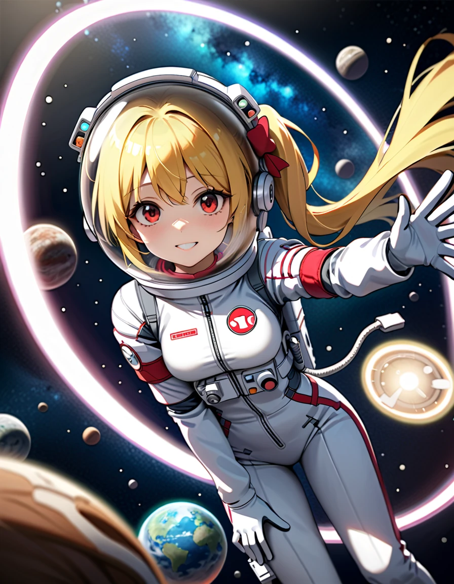 (Space suit:1.15),   White Sweatpants   , astronaut)bubble helmet, space helmet, Gloves ,  looking closely at you   , Outer Space, floating, masterpiece,   Top quality  , 1girl, beautiful,  solo   ,Flower N  ,   Flanders Scarlet, change, Small, Slim, child,young,younger female, (blond:1.2),   Side ponytail  , red eyes, hair bow,   Red Bow,  hair between the eyes,   Longitudinal pupil  , white tiara,difficulty breathing, Smile, wave, whole body