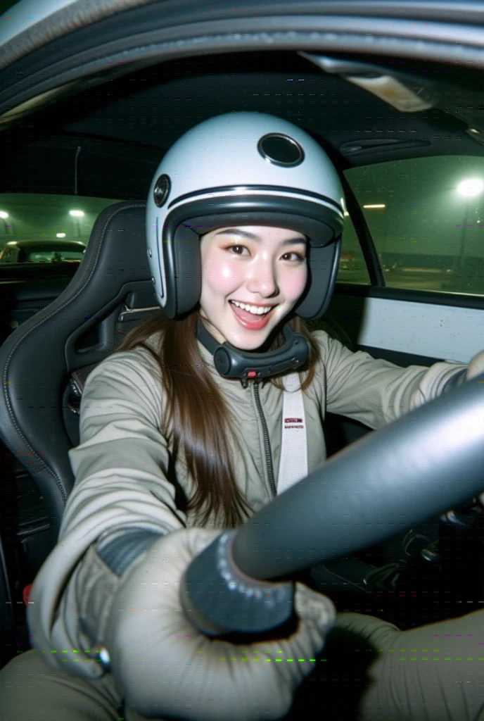  Close-up image .  a Taiwanese woman in a racing helmet and racing jacket .  driving a car  "Nissan GT-R R35 "   was inside her car and was seen driving the car turning right.  she was wearing a racing jacket and racing helmet .  Wearing sparco gloves racing gloves .  Background inside a race car .  Time in daylight . Exaggerated delighted expression . CCTV footage .  Low light.