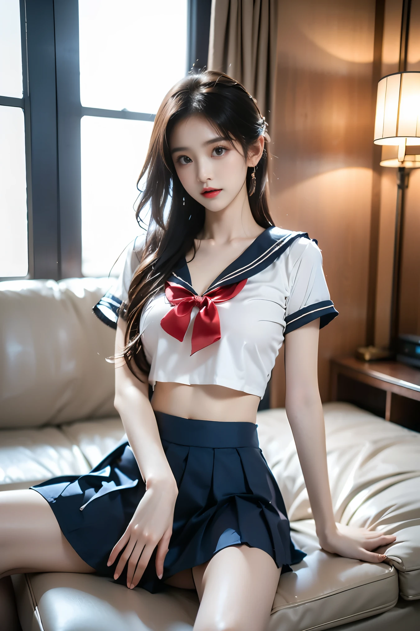 qingquxiaofu,school uniform, serafuku, crop top, pleated skirt,miniskirt,,,, (full body:1.4), (photorealistic:1.2), (ultra detailed:1.3), 1girl, young woman, (Sitting position:1.3), (Full bust, visible cleavage, deep V-neck, very short hemline), fashion model, slim figure, perfect anatomy, (beautiful long legs:1.4), smooth skin, sitting pose, (thigh focus:1.2), elegant posture, professional photography, soft lighting, depth of field, high quality, masterpiece, 8k uhd, natural skin texture, perfect body proportions