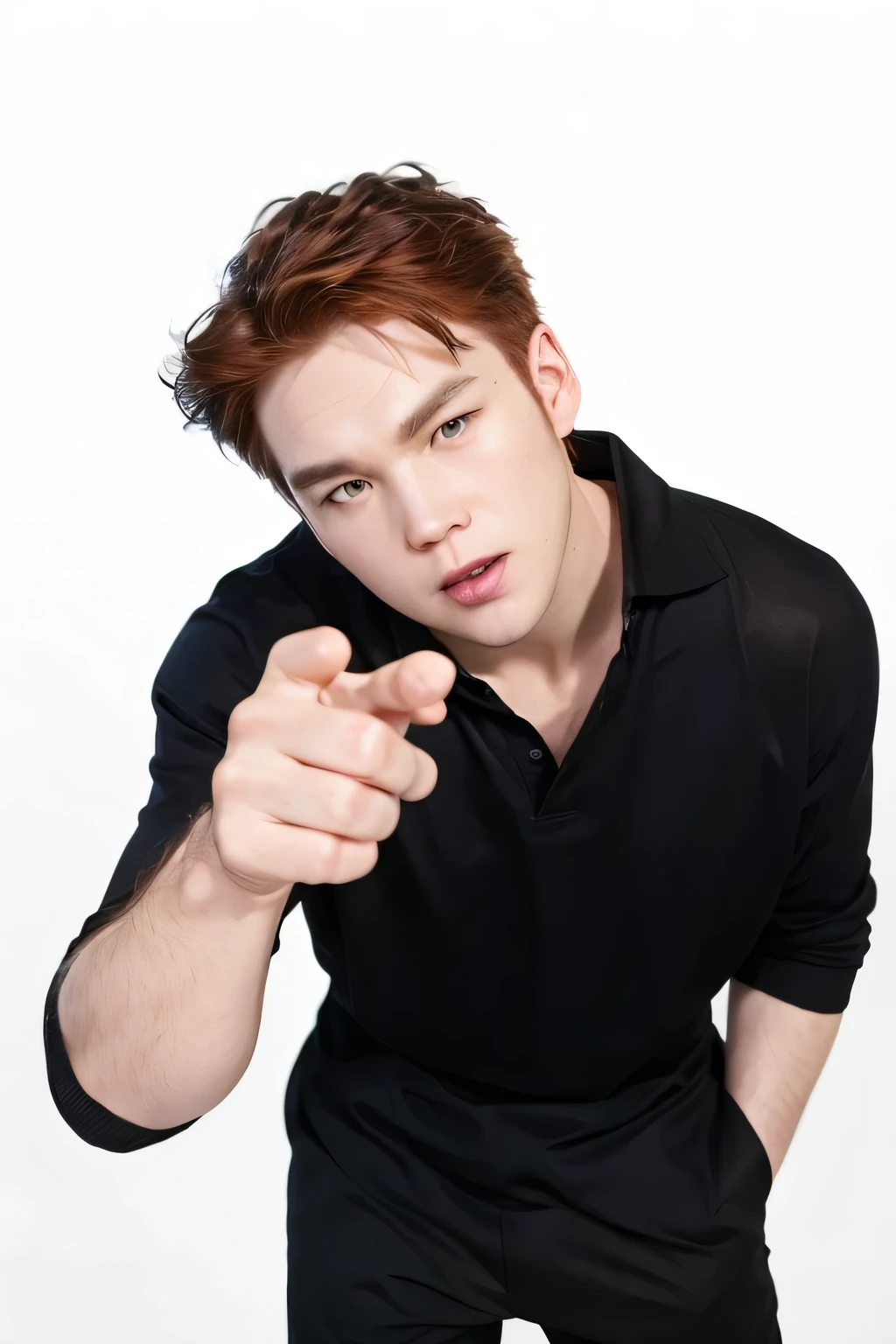  Very large white man , dressed in black clothes pointing at the camera,  pretty face, Asian,  red hair 