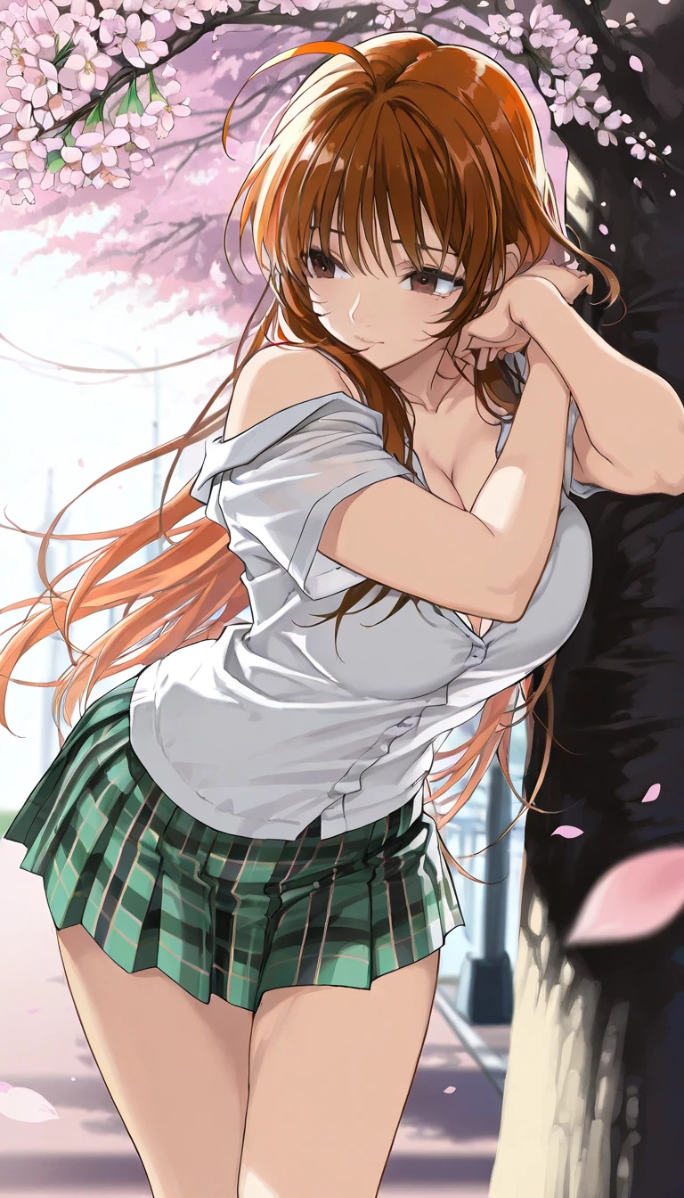 score_9, score_8_up, score_7_up, 1girl, solo, beautiful waifu, thicc, tall, mature sexy woman, (Aya Natsume, natsume aya, orange hair, long hair, brown eyes, ahoge:1.2), wearing (white school uniform, skirt, short skirt, plaid, green plaid skirt:1.1), (short sleeves, bare arms, bare shoulders:1.1), cleavage, detailed eyes, detailed face, flirt, (sexy pose:1.2), standing, in beautiful Kyoto park, cherry blossoms, lowlight, early evening, shallow depth of field.