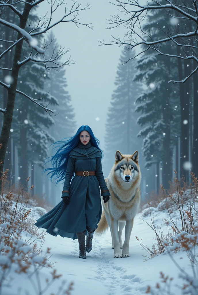 Dark blue haired woman and wolf wandering in a snowy forest - SeaArt AI