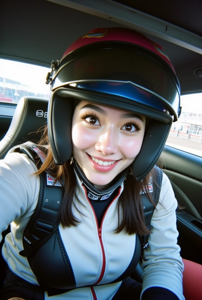  Close-up image .  a Taiwanese woman in a racing helmet and racing jacket .  driving a car  "Nissan GT-R R35 " high speed was inside his car and was seen driving the car making a right turn.  she was wearing a racing jacket and racing helmet .  Wearing sparco gloves racing gloves .  Background inside a race car .  Time in daylight . Exaggerated delighted expression . CCTV footage .