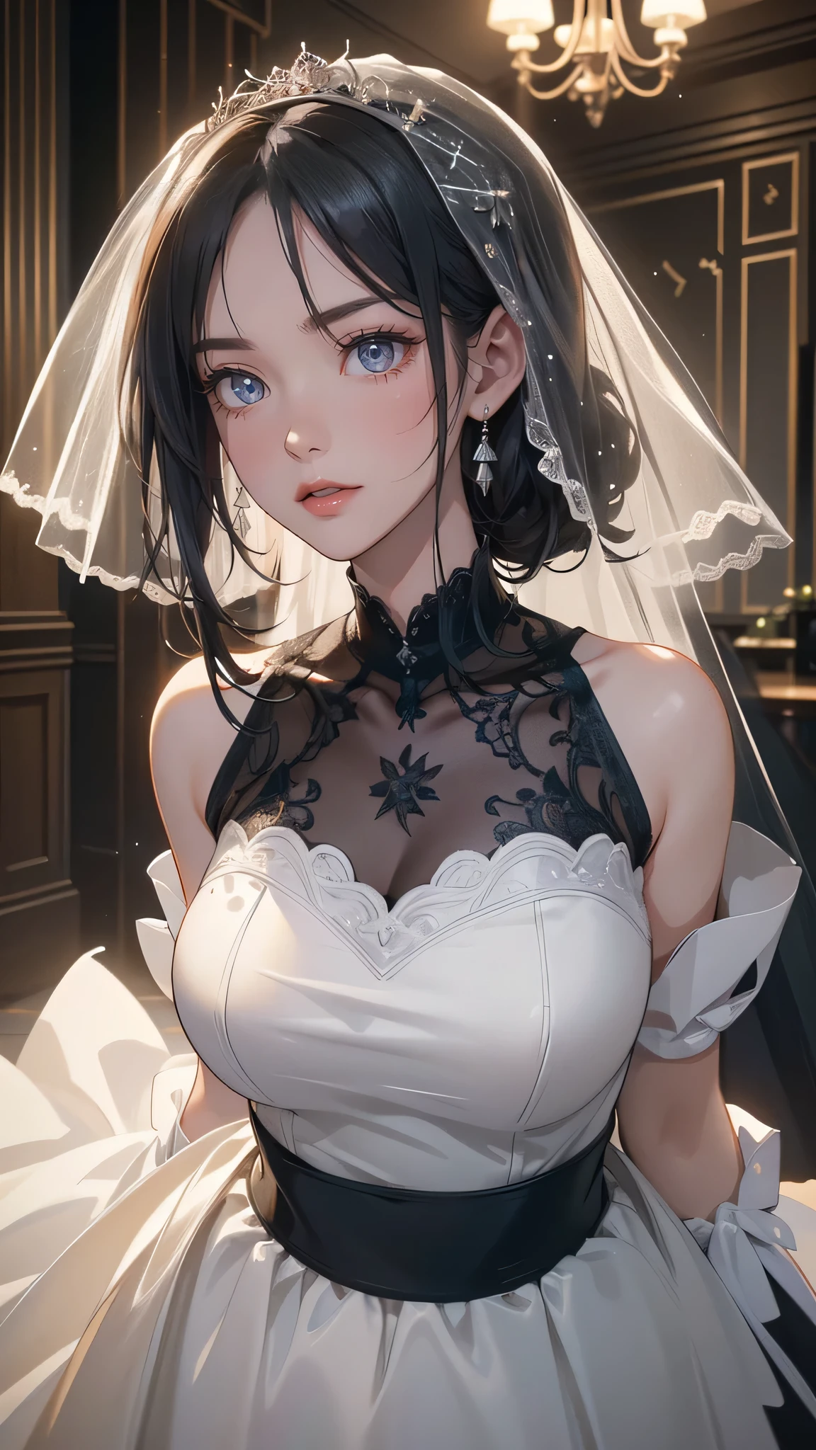 Full body, (random porn pose),(Highest image quality,(8k),ultra-realistic,best quality, Short black hair, high quality, high definition, high quality texture,high detail, beautiful detailed,fine detailed,extremely detailed cg,detailed texture,a realistic representation of the face,masterpiece,Sense of presence), Black wedding dress, wedding room, wedding building