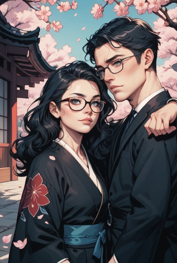 A Japanese woman with wavy black hair and a Japanese man with straight black hair born from among the cherry blossoms. The woman is wearing a black kimono and glasses. The man is wearing a black suit and glasses. American comic style.