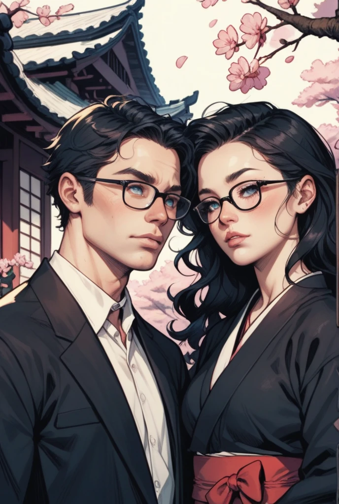 A Japanese woman with wavy black hair and a Japanese man with straight black hair born from among the cherry blossoms. The woman is wearing a black kimono and glasses. The man is wearing a black suit and glasses. American comic style.