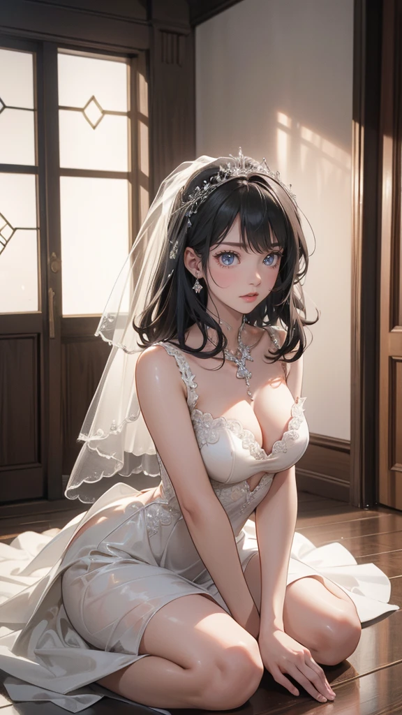 Full body, (random porn pose),(Highest image quality,(8k),ultra-realistic,best quality, Short black hair,Small breast,  high quality, high definition, high quality texture,high detail, beautiful detailed,fine detailed,extremely detailed cg,detailed texture,a realistic representation of the face,masterpiece,Sense of presence), Black wedding dress, wedding room, wedding building