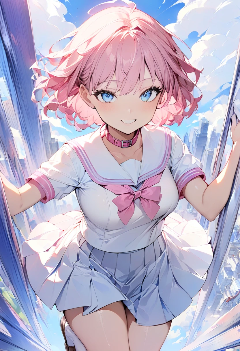 1 girl pink hair blue eyes blue school outfit with short skirt up showing pink panties with stockings in school classroom high quality 2k