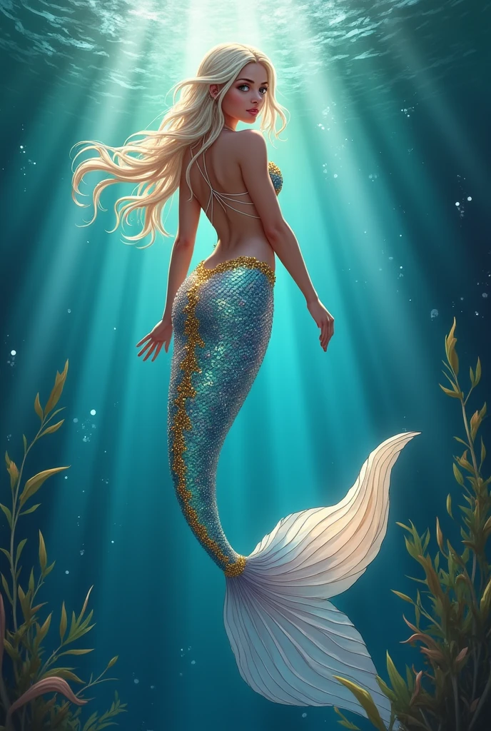 masterpiece, highest quality, best quality, picture of a mermaid sitting on the shore against the background of a yellow full moon, Little Mermaid, Little Mermaid, Little Mermaid, hair, beautiful mermaid, illustration!, beautiful illustration, beautiful artwork illustration, mermaid, beautiful digital illustration, illustration», inspired by Cyril Roland, dreamy illustration, mermaid in the distance, moonlight maid eye illustrator, illustration