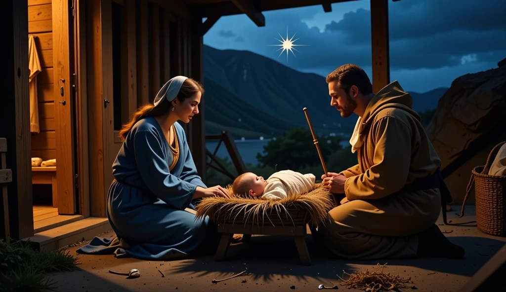 Visualize a photo-realistic, cinematic close-up nativity scene capturing the intimate moment of Baby Jesus' birth inside the stable. Mary, in a simple blue robe, sits tenderly by the manger, her face softly illuminated, reflecting her serene and gentle expression. Joseph, in humble attire, stands protectively beside her, holding a staff and gazing lovingly at the newborn. The  Jesus lies in the manger, wrapped in swaddling clothes, with soft light highlighting his peaceful face. The rustic stable interior, with wooden beams and scattered straw, adds to the humble setting. Cinematic lighting creates deep contrasts and highlights, adding depth and drama, while the starry night sky outside the stable shines softly, symbolizing the Star of Bethlehem. The overall composition captures the essence of the nativity in a visually stunning and emotionally resonant manner.