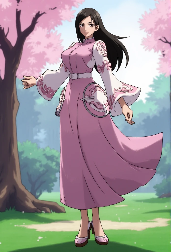 Pokémon: A female beautiful  grass type gym leader trainer that wears a cherry blossom inspired avant garde attire, She has a very avant garde attire, Pink and White colorway. Long Flowing black hair. Full body view. small eyes. She has a very small eye shap. She has a very mature body. She has a very mature face and appearance, Nobara Kugisaki