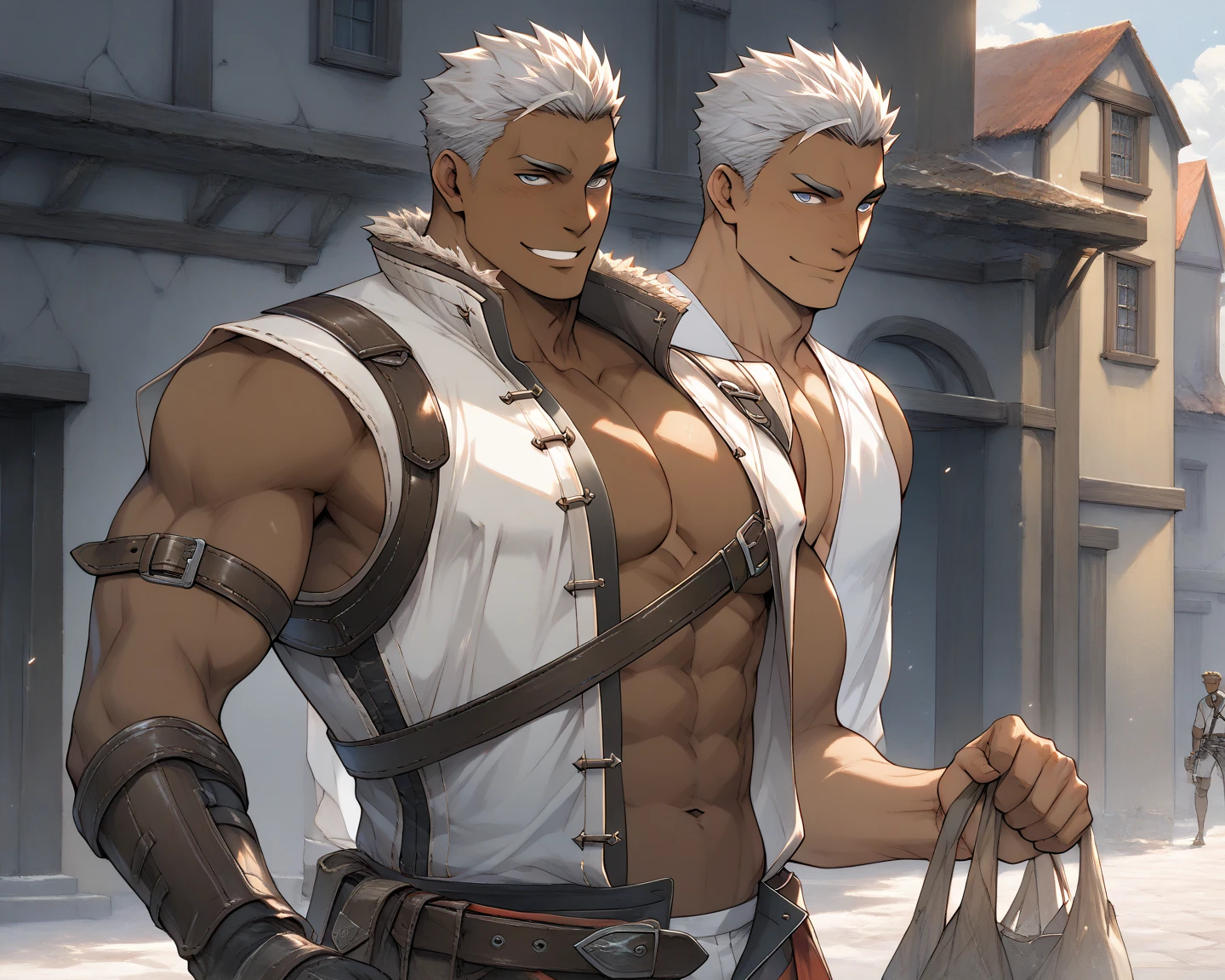 High Quality,Masterpiece,nsfw,gay,detailed body,forehead,((dark brown skin male:1.5)),((difficult:1.5)),(silver hair),((A face similar to a gorilla))、black and gray eyes,iced glove,monk,,low small nose,Dog face,short length white vest,(((under cleavage cut))),Controlling Ice,fur on the collar,short pants,navel,Small upturned nose, abs,dark brown body,breast belt, firm body、Pectoral muscles、town,fantasy,glove,open pants,Impressive,smile,Journey,armpit,one breast out,erect nipple,holding bag