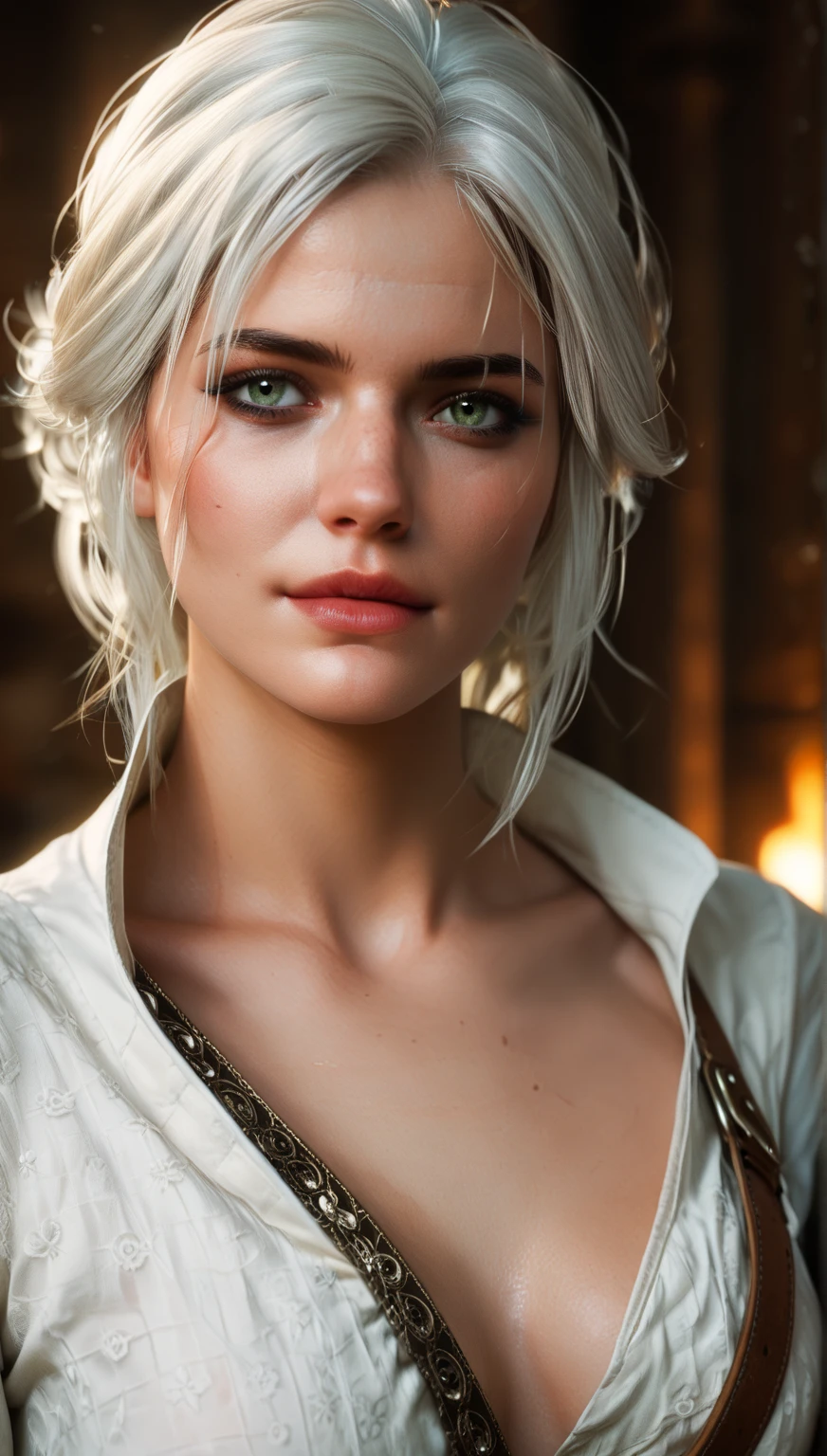 Ciri, white hair, (best quality, Ultra-detailed), (realistic:1.37), beautiful and detailed face, Ultra-realistic texture, Delicate face, long-lasting colors. high definition, 8k. expression a sensual look.