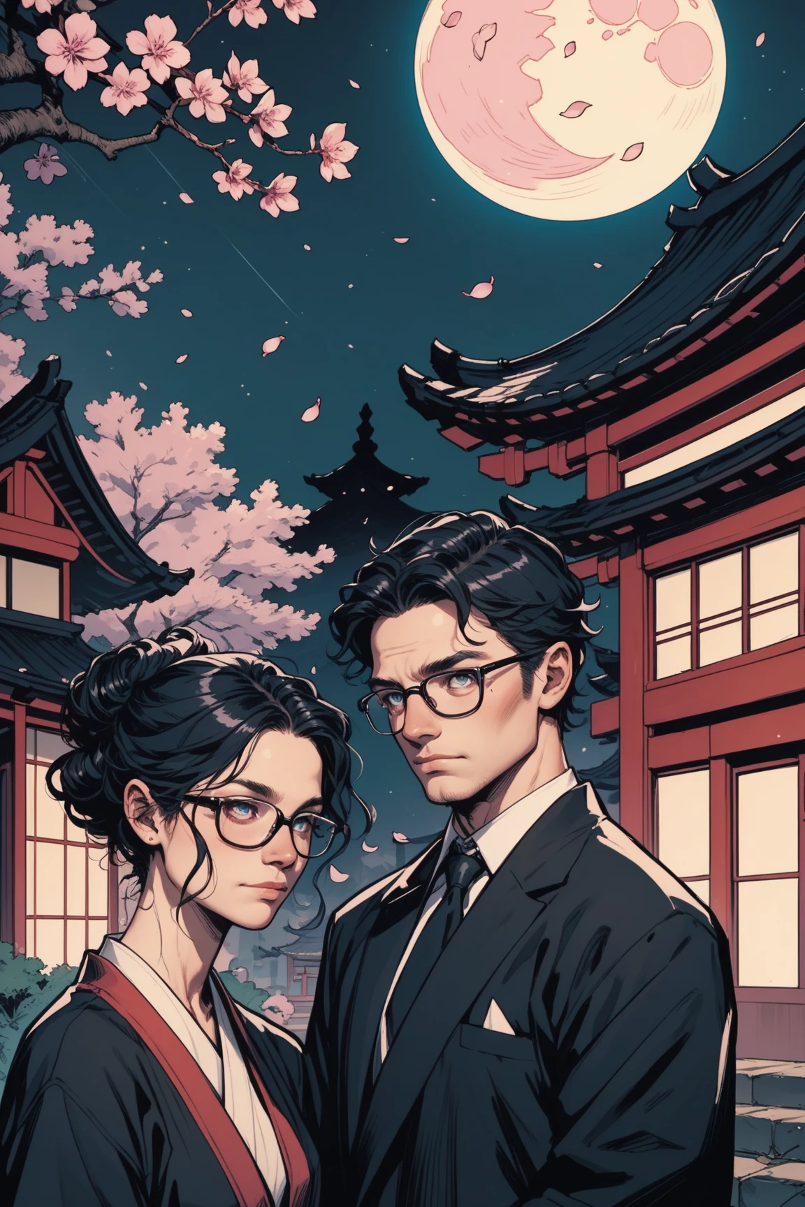 A Japanese woman with wavy black hair and a Japanese man with straight black hair emerge from among the cherry blossoms. The woman is wearing a black kimono and glasses. The man is wearing a black suit and glasses. American comic style. A night with a shining crescent moon.