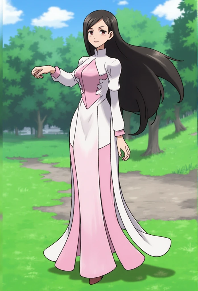 Pokémon: A female beautiful  grass type gym leader trainer that wears a cherry blossom inspired avant garde attire, She has a very avant garde attire, Pink and White colorway. Long Flowing black hair. Full body view. small eyes. She has a very small eye shap. She has a very mature body. She has a very mature face and appearance, Nobara Kugisaki