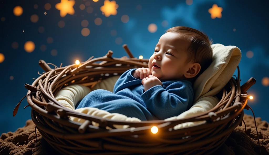 Baby Yesu, or Jesus, holds profound significance in Christian tradition. The serene and heartwarming scene you described, with the baby wrapped snugly in a blue blanket, nestled in a carefully crafted nest of twigs adorned with small, warm lights, beautifully captures the essence of innocence and purity. The rich, dark blue background with sparkling lights resembling stars adds a touch of magic and serenity, reminiscent of the nativity scene celebrating the birth of Jesus Christ.

The gentle beams of soft light illuminating Baby Yesu's peaceful expression evoke feelings of care, protection, and new beginnings. This image is a beautiful representation of the miracle of life and the profound significance of Jesus' birth.