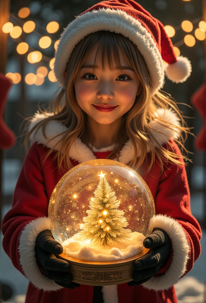 Front, HyperRealistic, best quality, absurdres, ultra detailed, 1 girl, grin, beautiful doe eyes, Santa Claus hat, fluffy Santa Claus costume, fluffy black gloves, skirt, boots, have a christmas crystal ball, The crystal ball was filled with a warm, golden light, emanating from the tiny Christmas tree within, fantastical, christmas night, Illumination grow, snow falls