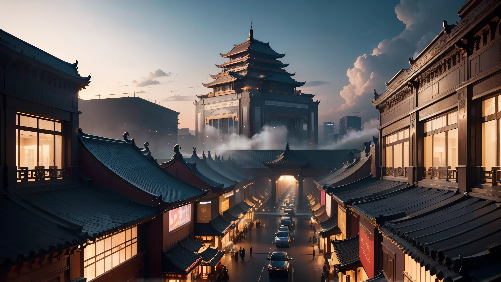 tmasterpiece，Best quality at best，bonian，shukezouma，fantastic composition，Chinese ancient city，many buildings，beautiful sky in detail，（There are a lot of pedestrian details on the road2.0 ），red colour，Heavy fog，