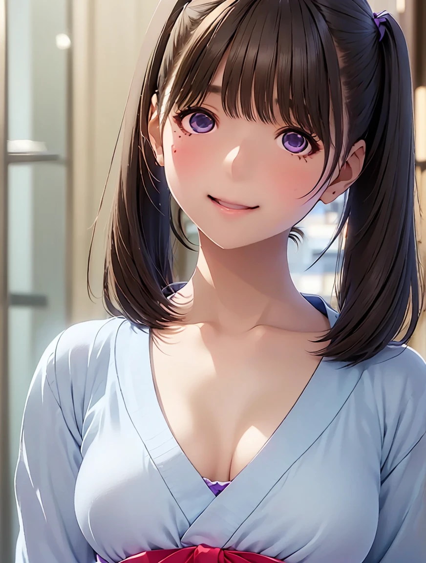  high definition  ,In 8K, best quality , Details, semi-realistic anime , D Anime Style , Smooth Anime CG , one girl, 19-year-old Japanese woman, slim,modeling,(( smaller breasts)),((Twirled Eyes)), pink lips, Shiny brown hair, Detailsな顔,Beautiful and  Details,((セーラー服)),((Cute village girl )),(( deep blue-purple shining eyes )),((Shut your mouth.)),((Laughter)),((Bright interior)),straggling hair,((( short twin tails))), angelic hairstyle ,( embarrassing),口を閉じる, カウボーイショット, 