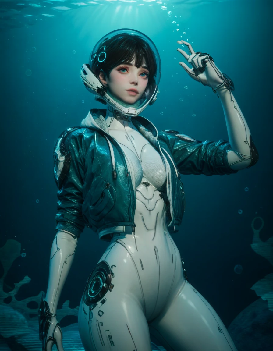 Close up, score_9, score_8_up, score_7_up,score_6_up, score_5_up,1girl, looking at the viewer, white bodysuit, blue jacket, helmet, upper body,  
underwater,