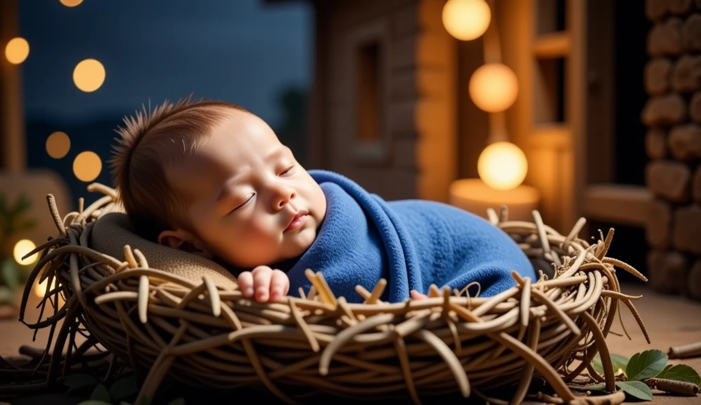 Baby Yesu, or Jesus, holds profound significance in Christian tradition. The serene and heartwarming scene you described, with the baby wrapped snugly in a blue blanket, nestled in a carefully crafted nest of paddy leafs in cattle shed adorned with small, warm lights, beautifully captures the essence of innocence and purity. The rich, dark warm background with sparkling lights resembling stars adds a touch of magic and serenity, reminiscent of the nativity scene celebrating the birth of Jesus Christ.

The gentle beams of soft light illuminating Baby Yesu's peaceful expression evoke feelings of care, protection, and new beginnings. This image is a beautiful representation of the miracle of life and the profound significance of Jesus' birth.