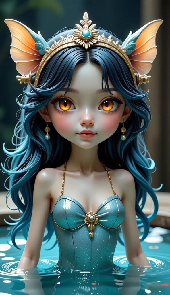 art by Victoria Frances, table figurine of water spirit, an ultra hd detailed painting, digital art, Jean-Baptiste Monge + Andy Kehoe + Lev Bartenev style, splash, Glittering, orange rainbow sensual eyes, cute and adorable, filigree, rim lighting