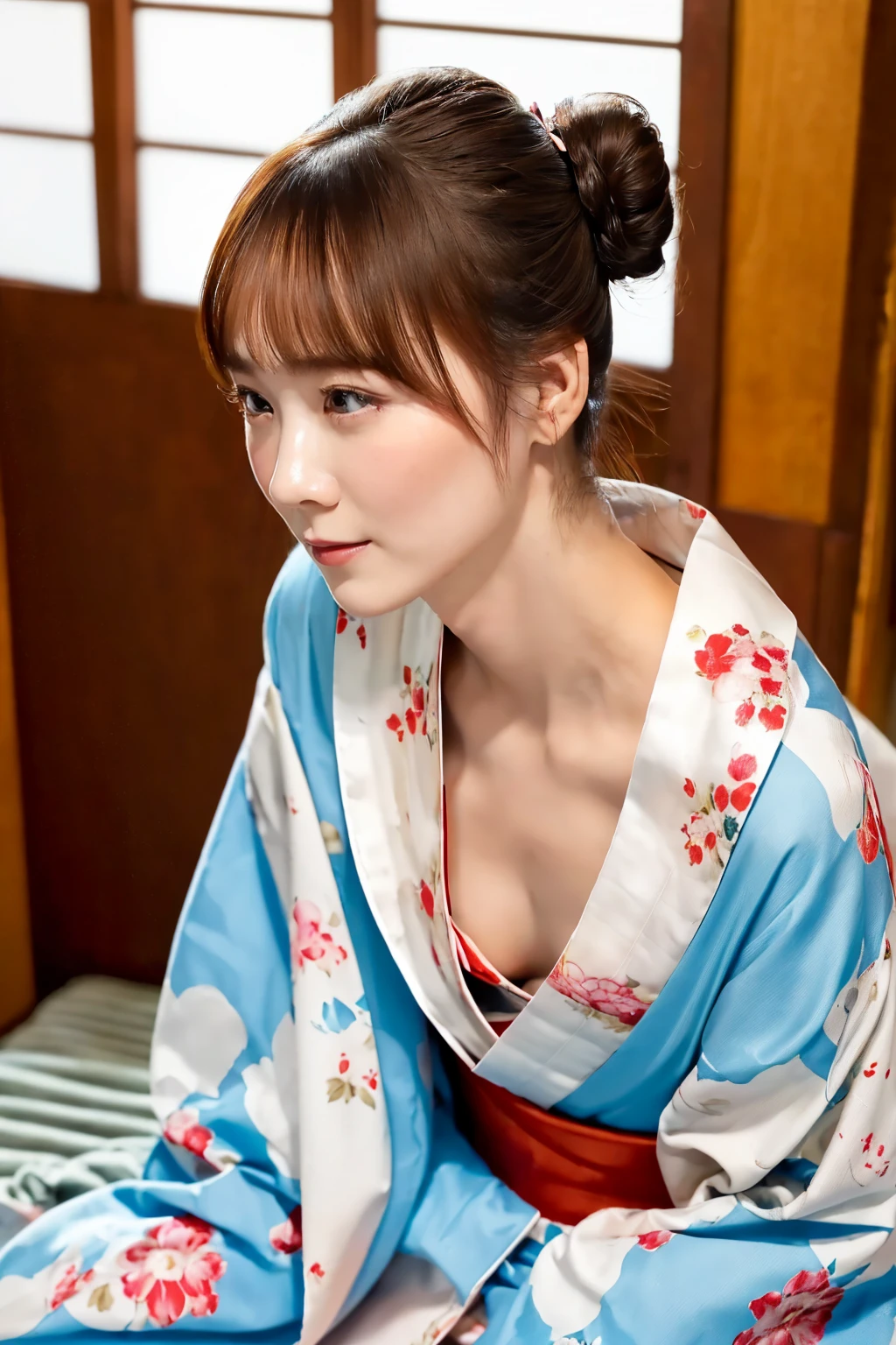 (最 High Quality 、 table top in bed、8k、 highest image quality taken by Ki、 Award-winning works )、(一人の beautiful女性:1.1)、(Innkeeper:1.1)、(Elegant floral kimono:1.2)、(A kimono with a perfect and accurate collar:1.2),Adult elegant woman , Perfect Female Full Body Portrait Photography、 Glowing Skin、(((Relaxed collar、)))、( blurry, elegant, sophisticated, perfect Japanese style room background:1.3)、(The most natural and perfect clean Japanese style room background:1.2)、Glowing White Skin、 very white skin 、(24 years old:1.3)、(最も優雅なslouch姿勢:1.4)、( small breasts:1.2)、完璧な beautiful光沢のある唇、、( beautiful,  High Quality , Large kimono obi:1.2)、(Long kimono:1.2)、(完璧で自然な beautiful着物:1.2)、(Hair Bun:1.1)、( face making a call close-up:1.3),slouch,nsfw,Open-chested kimono,