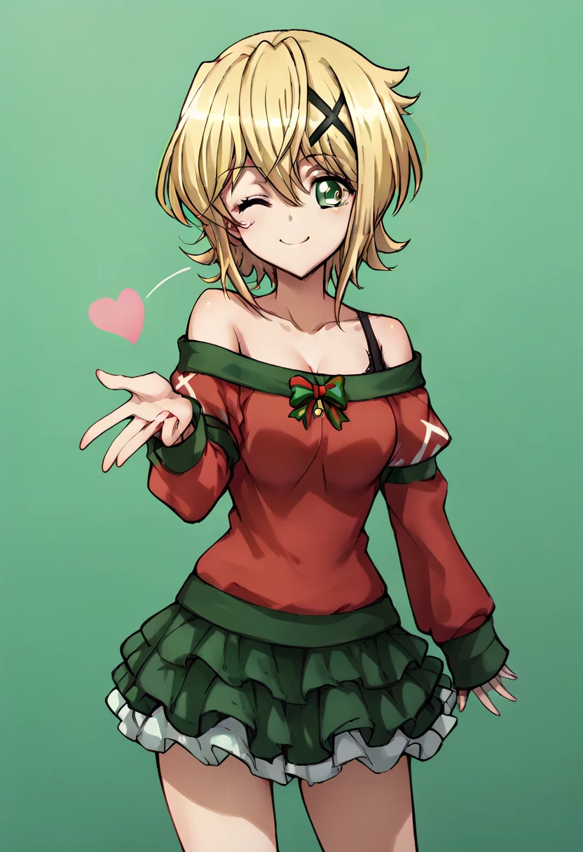 Akatsuki Kirika,blowing kiss, wink,christmas costume,simple green&red christmas costume,Off-Shoulder,dress,standing 