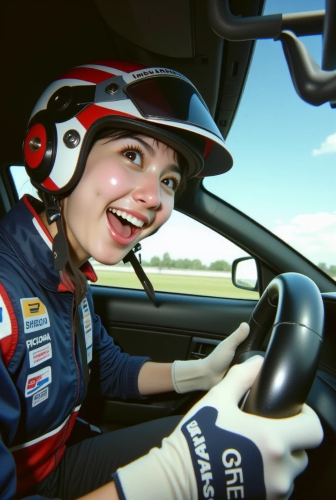  Close-up image .  a Taiwanese woman in a racing helmet and racing jacket .  driving a car  "Nissan GT-R R35 "   was inside her car and was seen driving the car turning right.  she was wearing a racing jacket and racing helmet .  Wearing sparco gloves racing gloves .  Background inside a race car .  Time in daylight . Exaggerated delighted expression . CCTV footage .