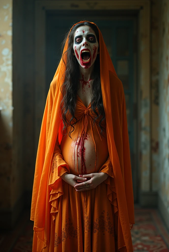 Witch woman with very very pale skin with very black and red veins all over her body in a terrifying way, cadaverous appearance. sapphire blue eyes and jet black hair. downcast expression while standing in front of a mirror and pregnant