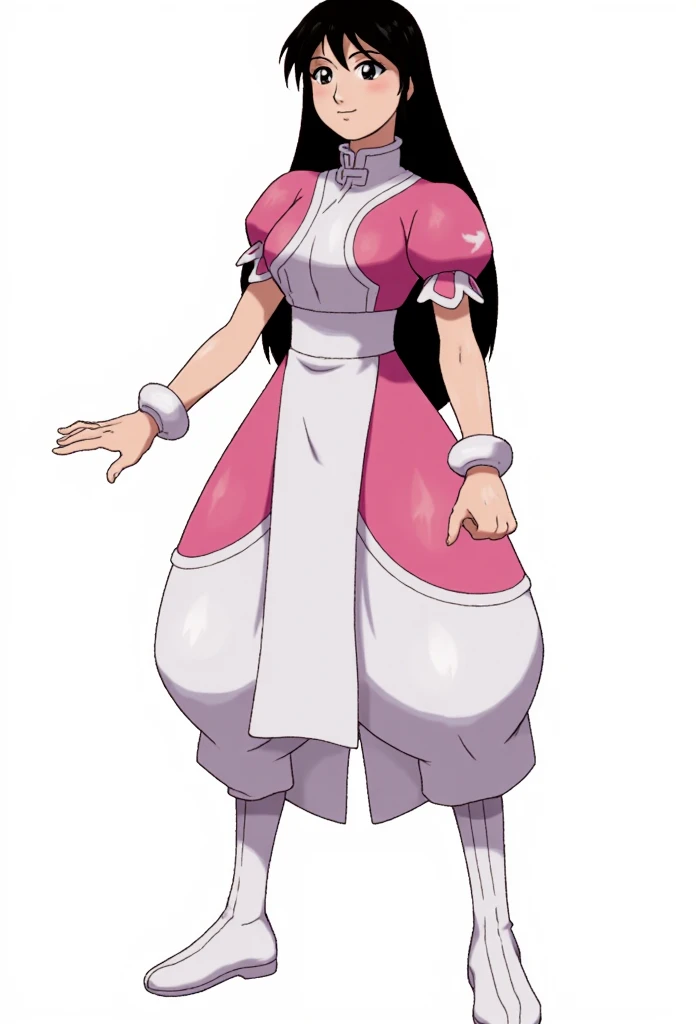 Pokémon: A female beautiful  grass type gym leader trainer that wears a cherry blossom inspired avant garde attire, She has a very avant garde attire, Pink and White colorway. Long Flowing black hair. Full body view. small eyes. She has a very small eye shap. She has a very mature body. She has a very mature face and appearance, Nobara Kugisaki, Hot and Sexy face. White background 