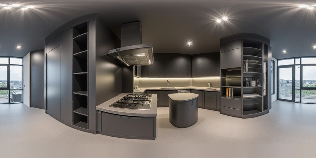 HDRI panoramic view of TOK, a modern kitchen, color grey and black