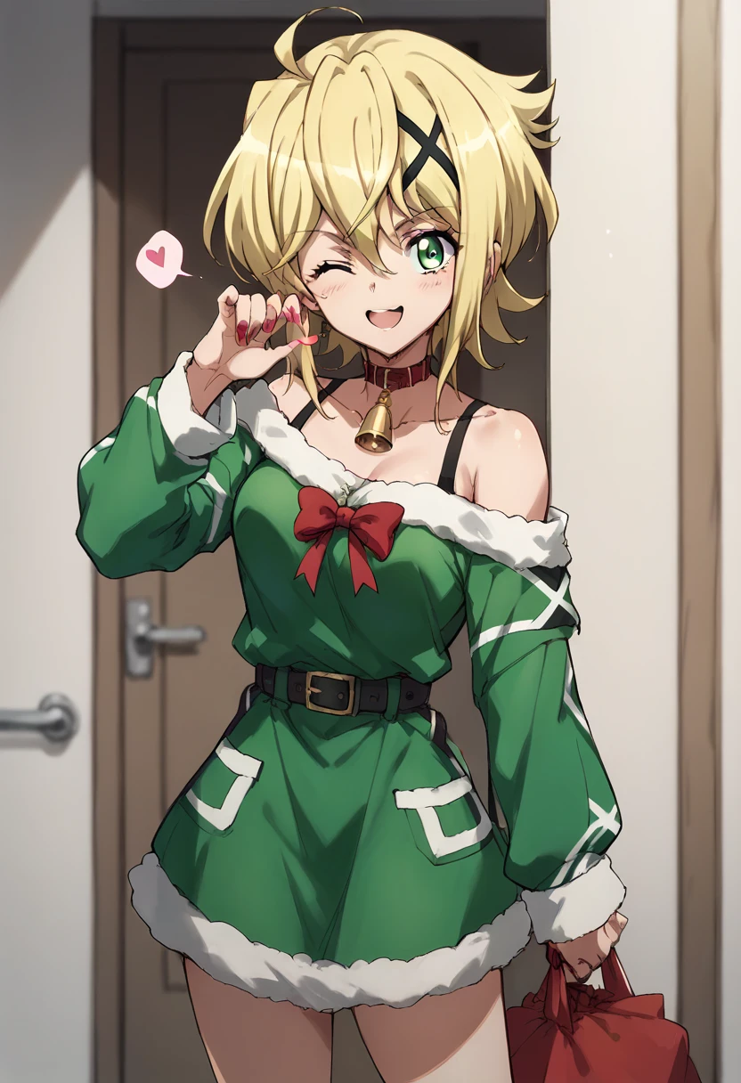 Akatsuki Kirika,blowing kiss, wink,christmas costume,simple green&red christmas costume,Off-Shoulder,dress,standing 