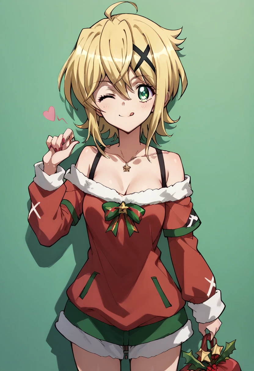 Akatsuki Kirika,blowing kiss, wink,christmas costume,simple green&red christmas costume,Off-Shoulder,dress,standing 