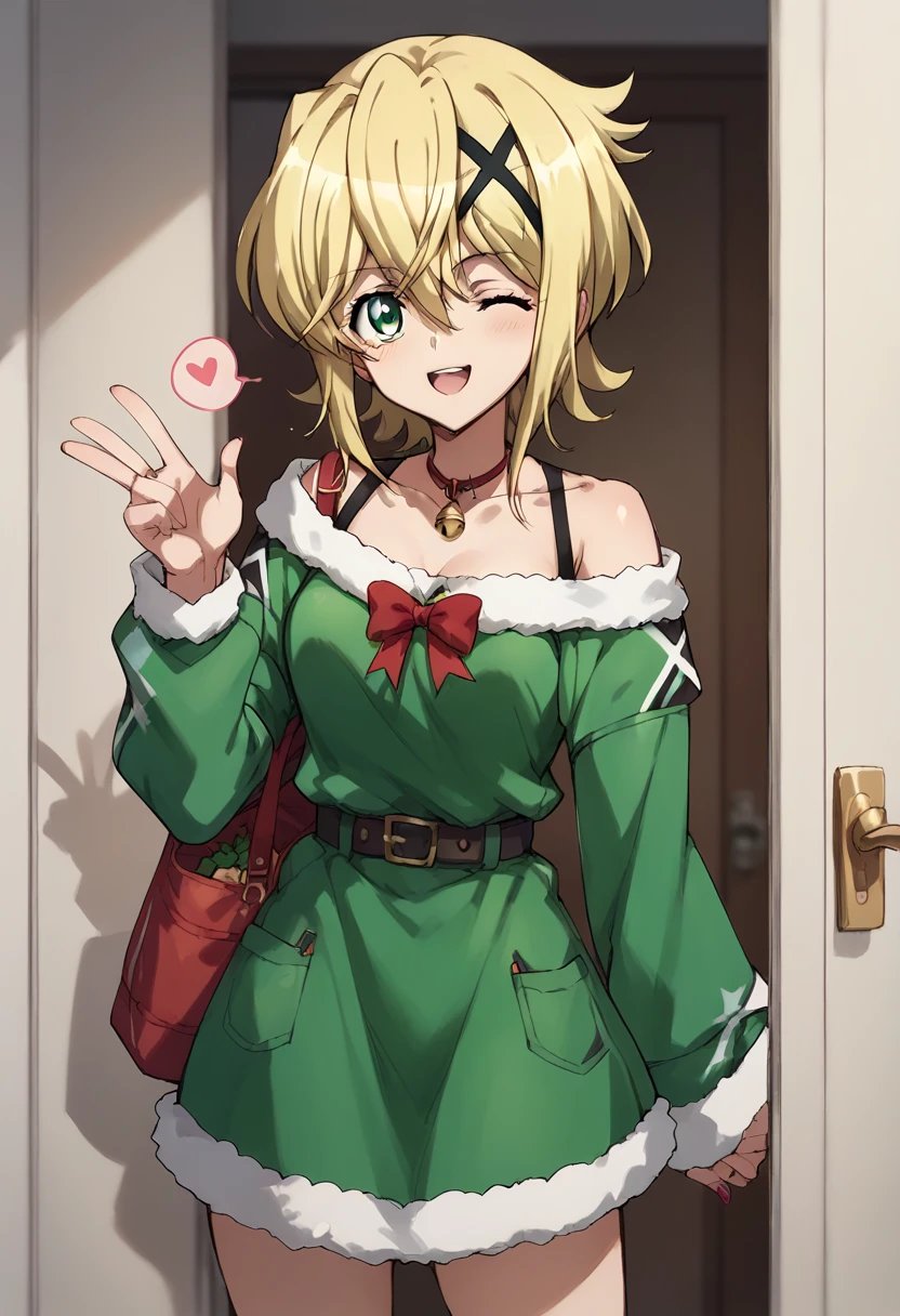 Akatsuki Kirika,blowing kiss, wink,christmas costume,simple green&red christmas costume,Off-Shoulder,dress,standing 