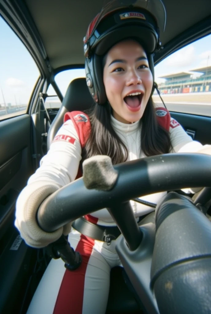  Close-up image .  a Taiwanese woman in a racing helmet and racing jacket .  driving a car  "Nissan GT-R R35 "   was inside her car and was seen driving the car turning right.  she was wearing a racing jacket and racing helmet .  Wearing sparco gloves racing gloves .  Background inside a race car .  Time in daylight . Exaggerated delighted expression . CCTV footage .